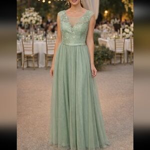 Allure Bridals Sage Light Green Lace Evening Dress Bridemaid Size 14 Long Tall